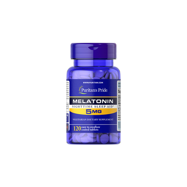 A blue bottle of Puritan's Pride Melatonin 5 mg, with 120 coated tablets, ideal for improving sleep quality and easing jet lag.